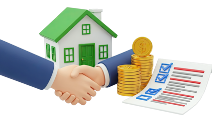 Real Estate Transaction: Handshake, House, Coins, and Checklist
