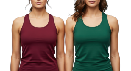 Two women wearing solid burgundy and green athletic tank tops on white background