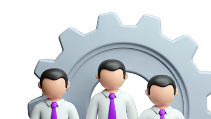 Three businessmen in front of a gear wheel