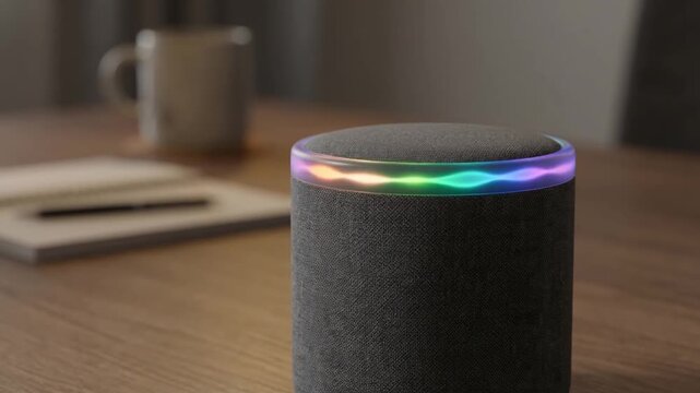 Minimalist smart speaker accessory with fabric finish and glowing multicolor light ring wooden desk, voice assistant smart speaker with colorful ring