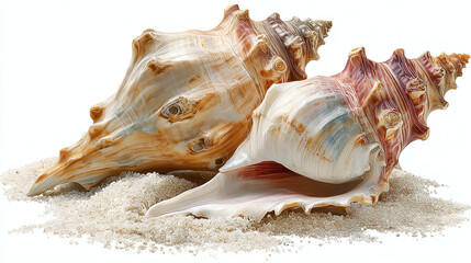 Two elegant seashells resting on a bed of sand, evoking the tranquility of the ocean. Their intricate textures and shapes tell a story of the sea