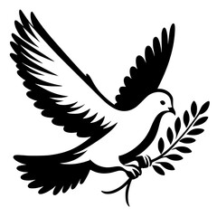 Black and white stencil illustration of a flying dove carrying an olive branch. Design for peace day posters, wedding invitations, or religious logo branding. JPEG version.
