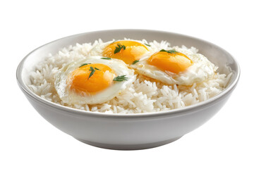 White bowl of fluffy rice topped with three sunny side up eggs and parsley cooked