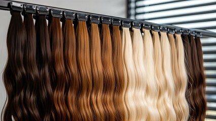 Hair extensions displayed in various shades, showcasing a range of textures and colors, arranged neatly on a rack, highlighting versatility for hairstyling and beauty applications
