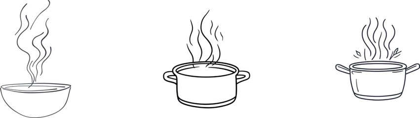 Simple modern illustration of a steaming cooking pot created in continuous one-line art style, conveying the essence of cooking