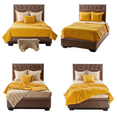 Four views of a bed with mustard bedding