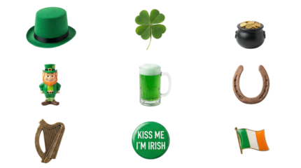 Collection of flat lay St. Patrick’s Day symbols on white background: green hat, shamrock clover, pot of gold, leprechaun figurine, green beer mug, horseshoe, Irish harp, “Kiss me I’m Irish” badge and