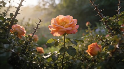 imprecise. A lone vibrant flower blooms among thorny bushes in a serene morning garden. gardening catalogs, home-decor guides, designed for gardening and botanical catalogs.