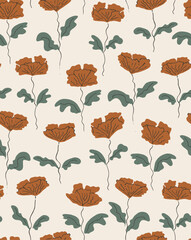 Hand drawn poppies with leaves and stems, stacked up as a minimalist floral pattern in colors of orange, green and black on beige background. Botanical garden seamless vector pattern. Home decor, etc