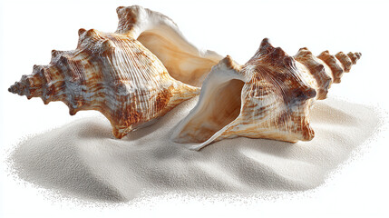 A serene shot of three conch shells resting on a bed of fine sand, exuding a sense of tranquility. The shells showcase intricate patterns and textures