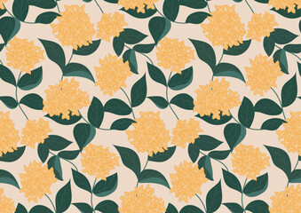 Hand drawn hydrangeas and leaves in a maximalist floral pattern in pastel colors of yellow and green on a beige background. Botanical garden seamless vector pattern. Great for home decor, fabric, etc.