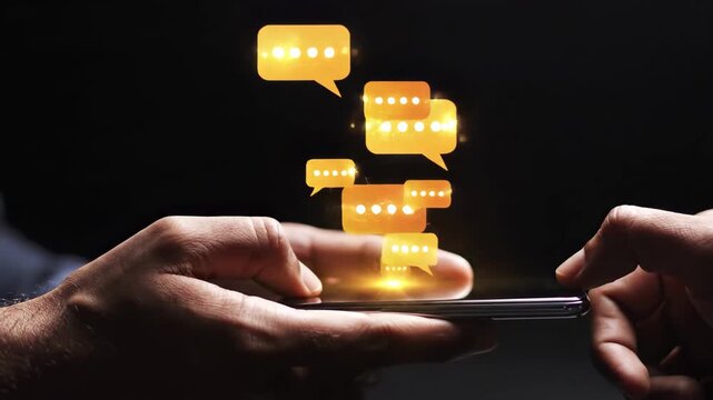 Hands typing on smartphone with glowing orange message bubbles appearing above the screen in dark setting, 4k