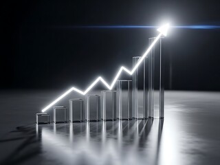 3D silver bar chart with a glowing white arrow pointing up, representing successful business development and corporate profit