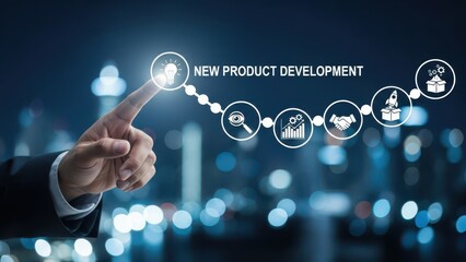 New product development and project roadmap concept. Business professional touching digital virtual screen with new product development roadmap icons, ideation, development and launching process.