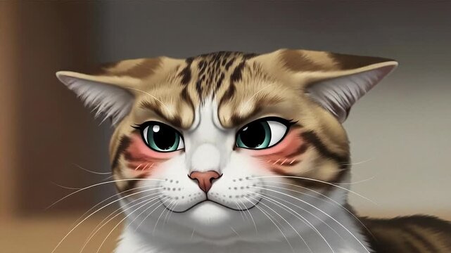 Grumpy tabby cat close-up portrait with intense eyes and studio lighting.