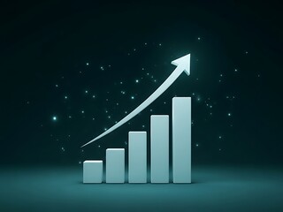 Minimalist white 3D bar chart with an upward arrow on a dark teal background, representing clean professional growth
