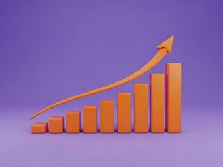 High-contrast orange bar chart and rising arrow on a solid purple background, vibrant 3D business growth concept