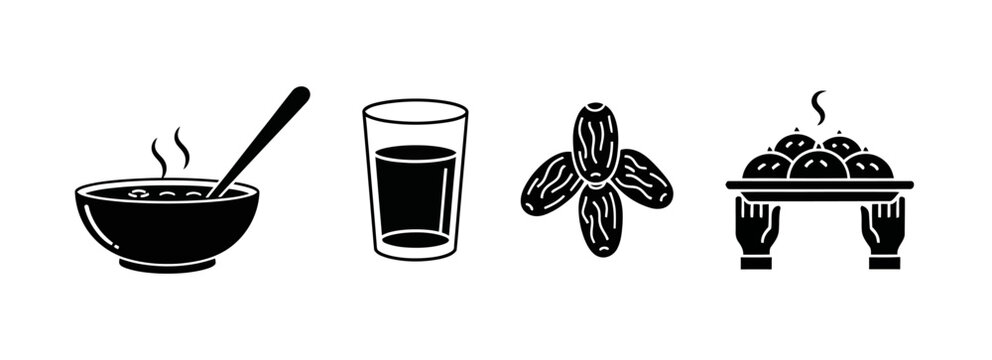 A collection of four black and white icons representing food and drink items, including a bowl of soup, a glass of liquid, dates, and a platter of food.