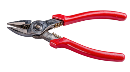 Hand tool, red handled combination pliers with open jaws, ready for repair work, isolated with transparent background