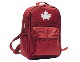 A small, maroon backpack with a white maple leaf emblem on a black background Canadian