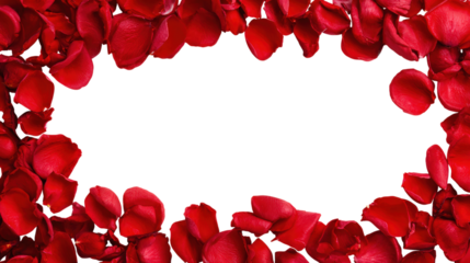Floral frame made of vibrant red rose petals creating border against transparent