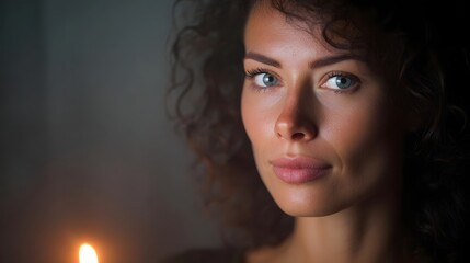 Dramatic portrait of a woman s face lit by a warm candle flame with gentle expression and soft atmospheric haze