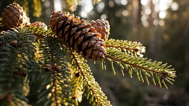 Close-up of pine cones and needle-like leaves, illuminated by sunlight. Soft focus background