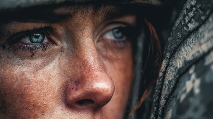 Close-up portrait of a determined female soldier with dirt on her face, wearing camouflage gear, showcasing resilience and strength in a challenging environment