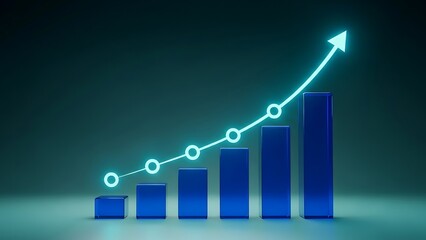 Futuristic cyan neon line graph with circular nodes rising over a blue bar chart, concept of connectivity and digital progress