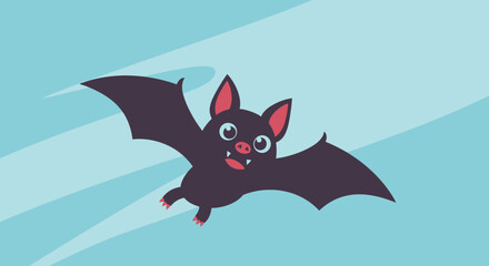 Fototapeta premium Cute Cartoon Bat Flying Against a Blue Sky Background.