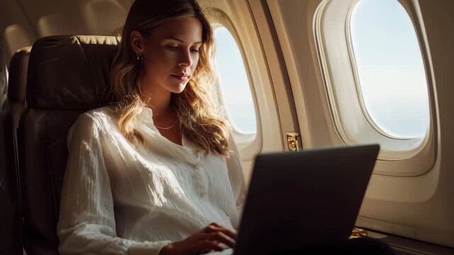 Enjoying a productive journey while traveling in first class at high altitude with views of the sky outside