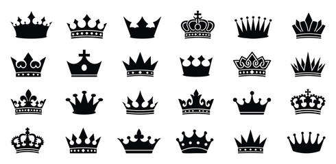 Crown vector collection of royal luxury symbols. Black crown silhouettes in diverse designs. © MST. NISHA