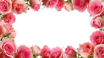 Frame of pink rose flowers and scattered rose petals transparent checkered background