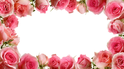 Frame of pink rose flowers and scattered rose petals transparent checkered background