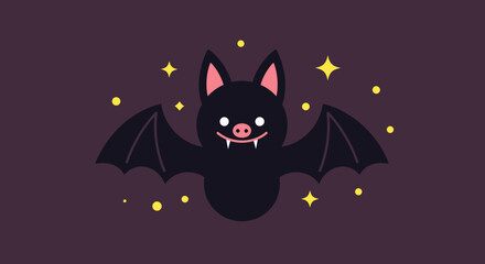 Fototapeta premium Cute Cartoon Bat with Sparkling Stars on Dark Background.