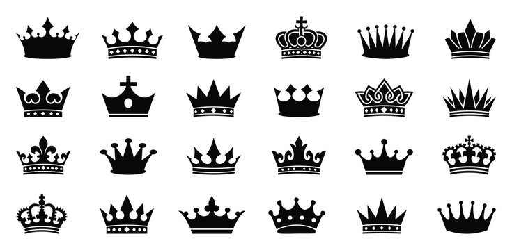 Crown vector collection of royal luxury symbols. Black crown silhouettes in diverse designs.