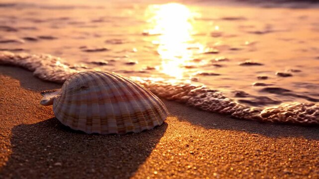 A single detailed scallop shell casts a long shadow on the perfectly smooth, damp sand during the warm, intense light of the golden hour sunset warm colors, seashore, damp