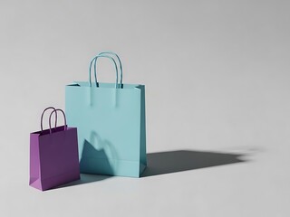 Two shopping bags of different sizes and colors standing upright on a plain surface viewed from the side