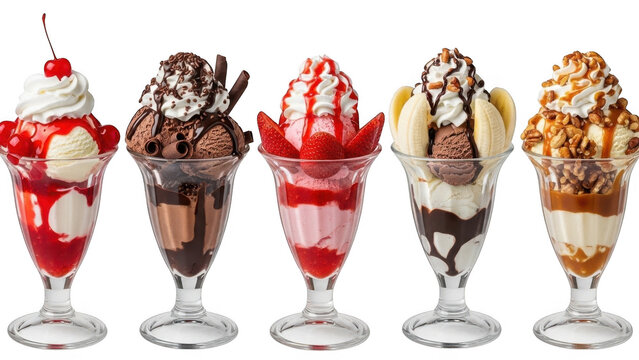Five ice cream sundaes isolated on transparent background