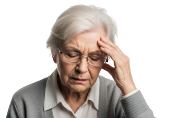 Elderly woman with headache isolated on transparent background