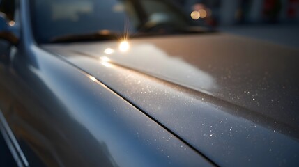Close up of a metallic car hood with sparkling particles under soft golden sunlight