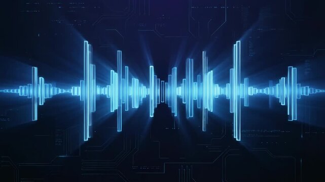 Stunning digital audio visualization with glowing blue sound waves and futuristic background