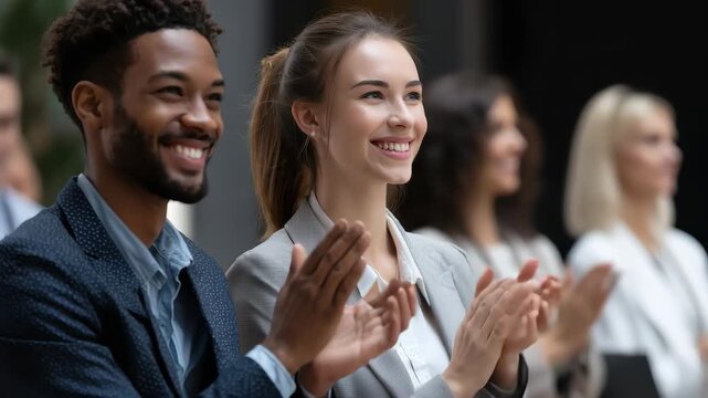 Smiling business professionals sitting in a row while clapping during a corporate event in a modern conference hall in the afternoon