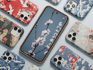 Collection of mobile phone cases with various designs surrounding a central phone with floral pattern
