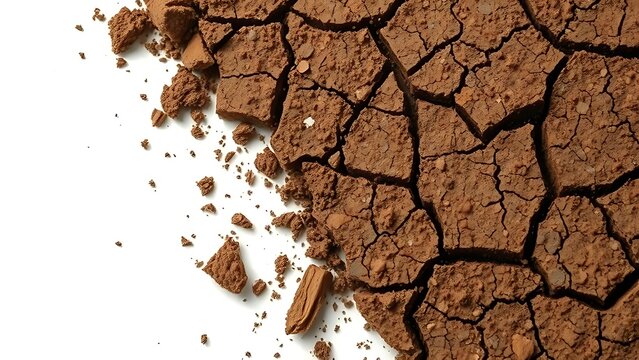Dry soil texture with cracked earth pattern isolated on white background.
