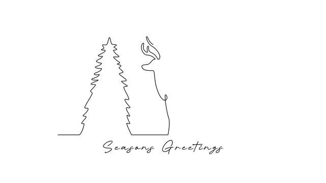 A reindeer standing near pine trees. Seasons Greetings concept. Single line draw design Video 4k. Footage graphic illustration