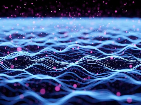 Abstract digital wave of blue glowing lines and purple particles representing data flow or energy frequency. - Powered by Adobe