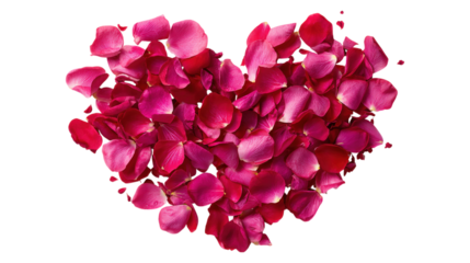 Heart made of dark pink rose petals lying on transparent background for valentine day