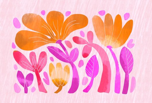 Stylized flowers and plants grow along curved stems