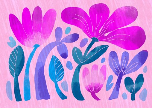 Stylized flowers and plants grow along curved stems